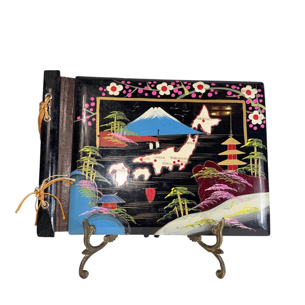 Vintage Japanese Black Lacquer Hand Painted Photo Album Scrapbook-Unused